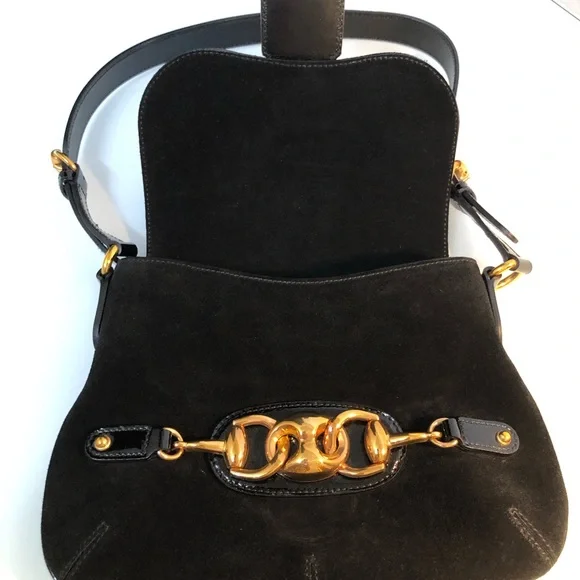 GUCCI Suede Black Handbag with Black Patent Leather Shoulder Strap - Picture 9 of 16